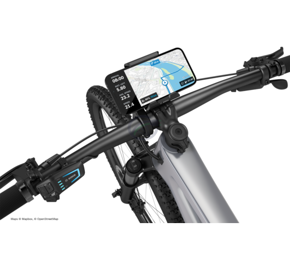 El Smartphone Grip de Bosch montado en una bicicleta eléctrica. Aquí se muestra la función de navegación.