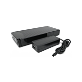 Batería de bicicleta Sparta E-motion C1/C2/C3 / Batavus compatible con 13,6 Ah (negra) Incl. Cargador desde el lado donde se pueden ver el cargador y la batería.