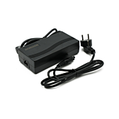 Vista tres cuartos del cargador compatible Gazelle Impulse 42V 3A con conector Rosenberger. El adaptador correspondiente es claramente visible.