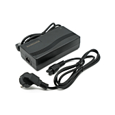 Vista tres cuartos del cargador compatible Gazelle Impulse 42V 3A con conector Rosenberger con adaptador.