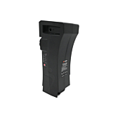 La batería compatible Impulse 36V 14.5Ah producida por EYXON de pie. El lado con la etiqueta y la parte superior de la batería son visibles.