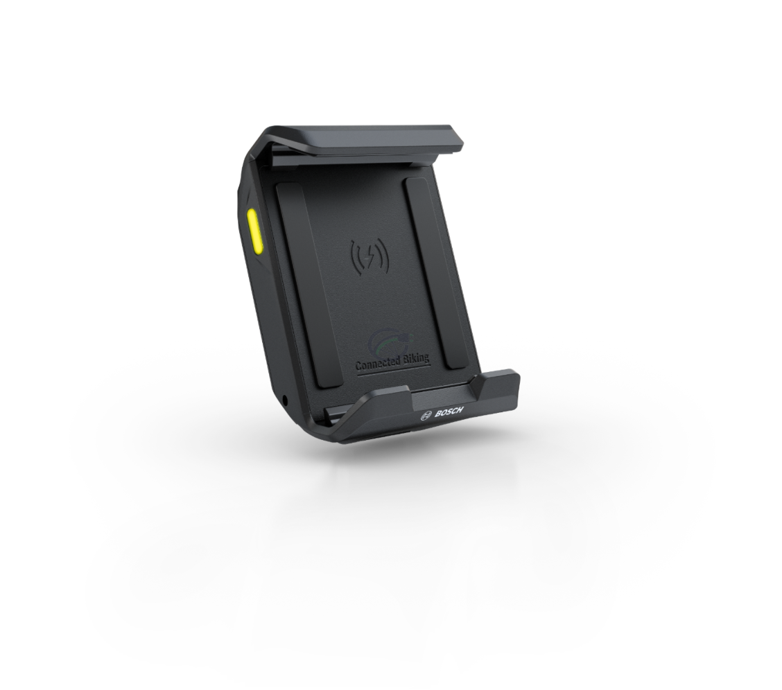Vista lateral del SmartphoneGrip de Bosch, mostrando la banda LED que indica si el teléfono está cargado.