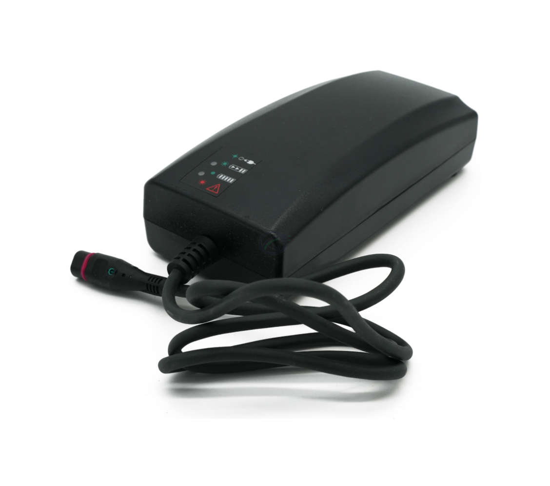 Vista en tres cuartos del cargador Alber Neodrives Z20 V8 RS con el indicador de carga visible.