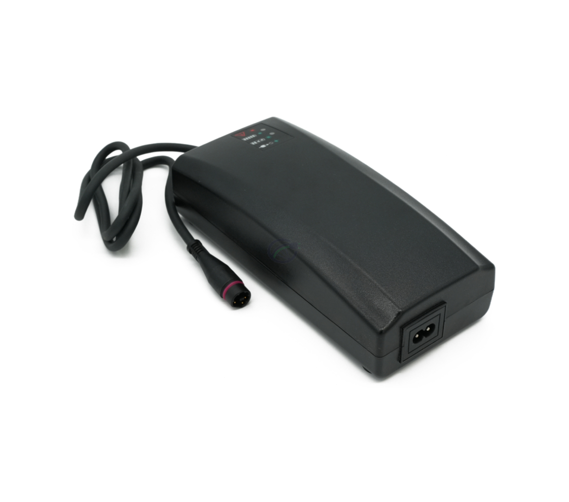 Vista en tres cuartos del cargador Alber Neodrives Z20 V8 RS desde el frente, sin el cable de alimentación.