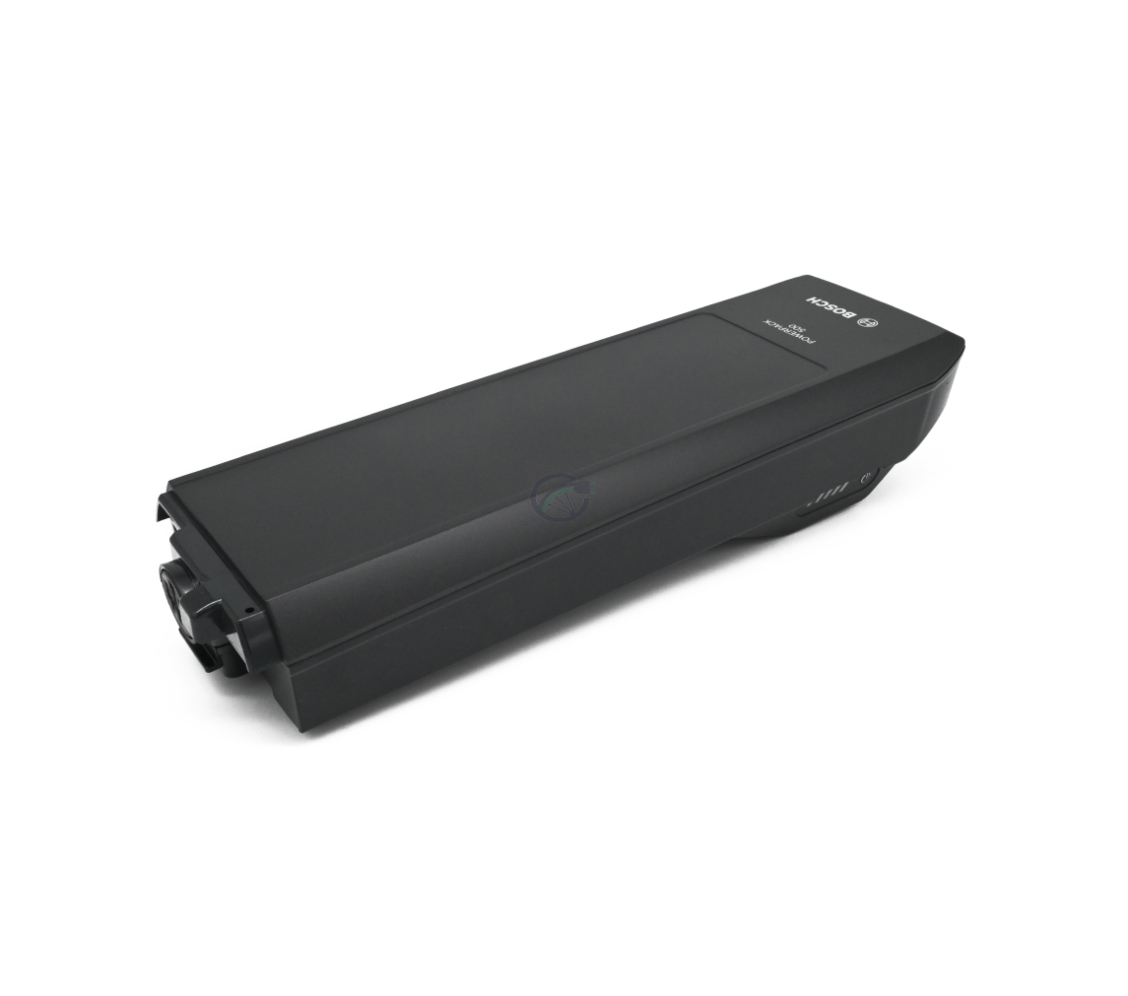 Bosch PowerPack 500 Active 36V 13.4Ah batería de bicicleta vista desde el lado donde se puede ver el logotipo y el conector