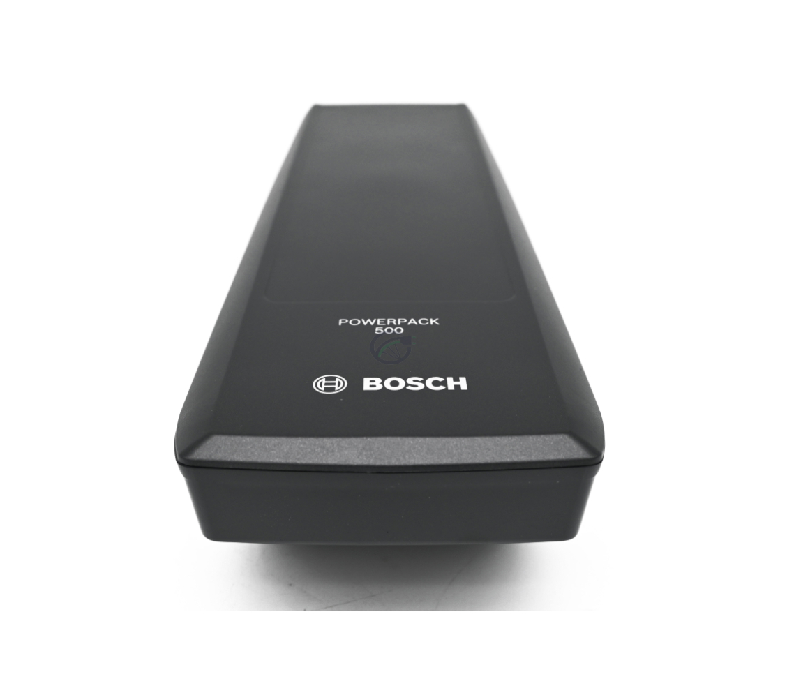 Foto delantera de la Bosch PowerPack 500 Active 36V 13.4Ah batería de bicicleta donde se puede ver el logotipo y la parte frontal de la batería