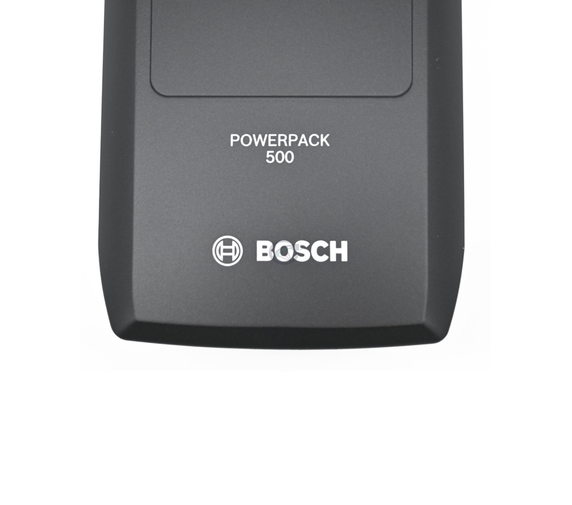 Primer plano de la Bosch PowerPack 500 Active 36V 13.4Ah batería de bicicleta vista desde arriba con el logotipo de Bosch en primer plano