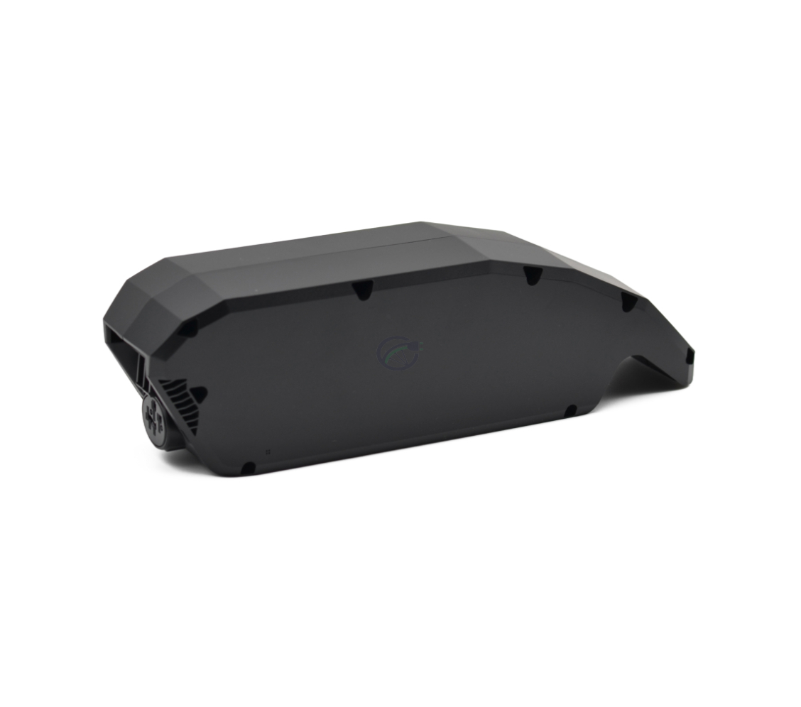 Vista lateral de la batería de bicicleta Bosch Powerpack 540 Performance/Active cuadro E-Bike Vision. La foto está tomada desde un ángulo más alto, lo que hace que la parte superior también sea parcialmente visible.