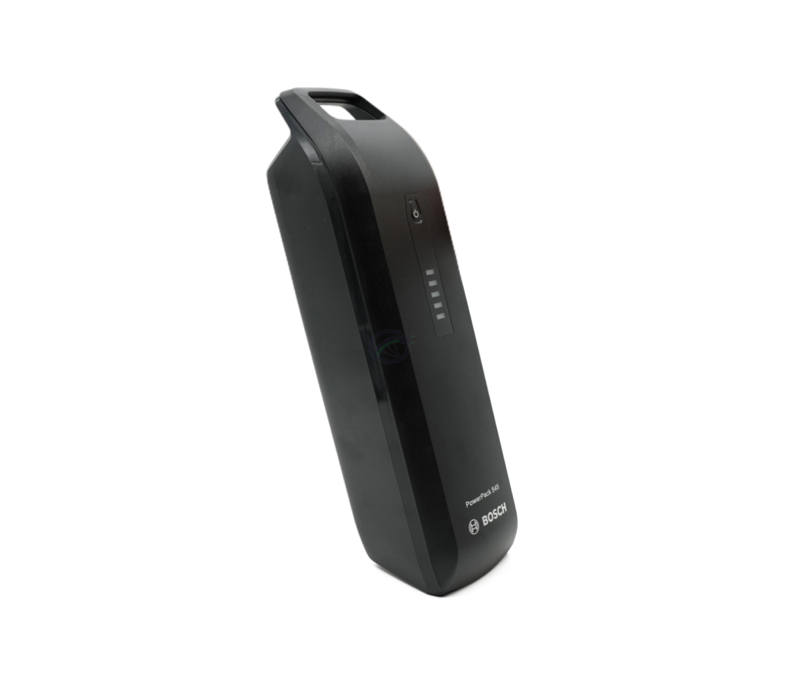 Vista en tres cuartos de la batería de bicicleta Bosch Powerpack 545 SMART Frame de pie.
