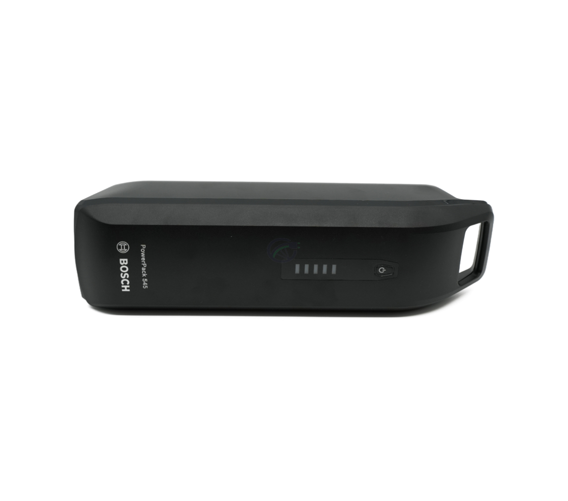 La batería de bicicleta Bosch Powerpack 545 SMART Frame acostada de lado. La parte frontal de la batería es visible.