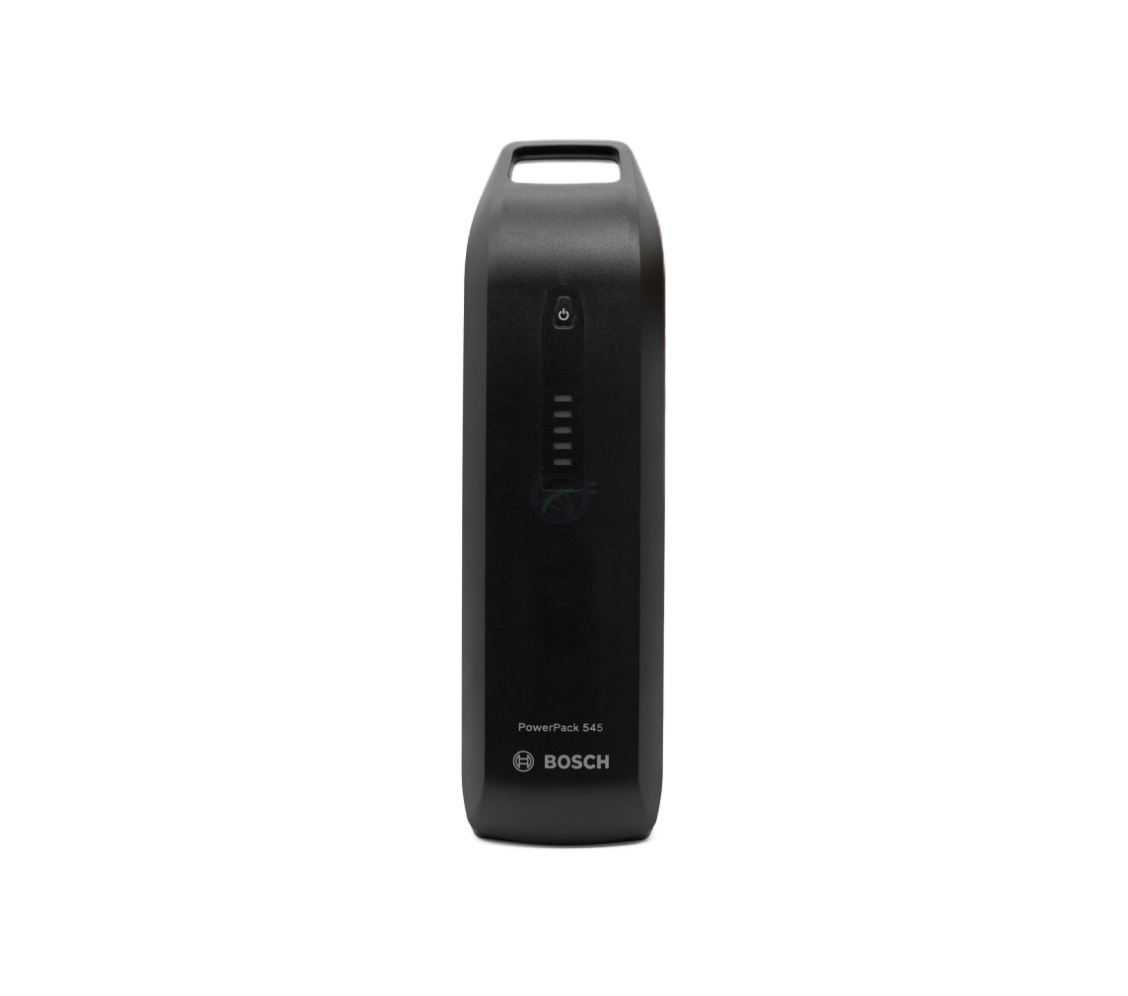 Vista frontal de la batería de bicicleta Bosch Powerpack 545 SMART Frame de pie.
