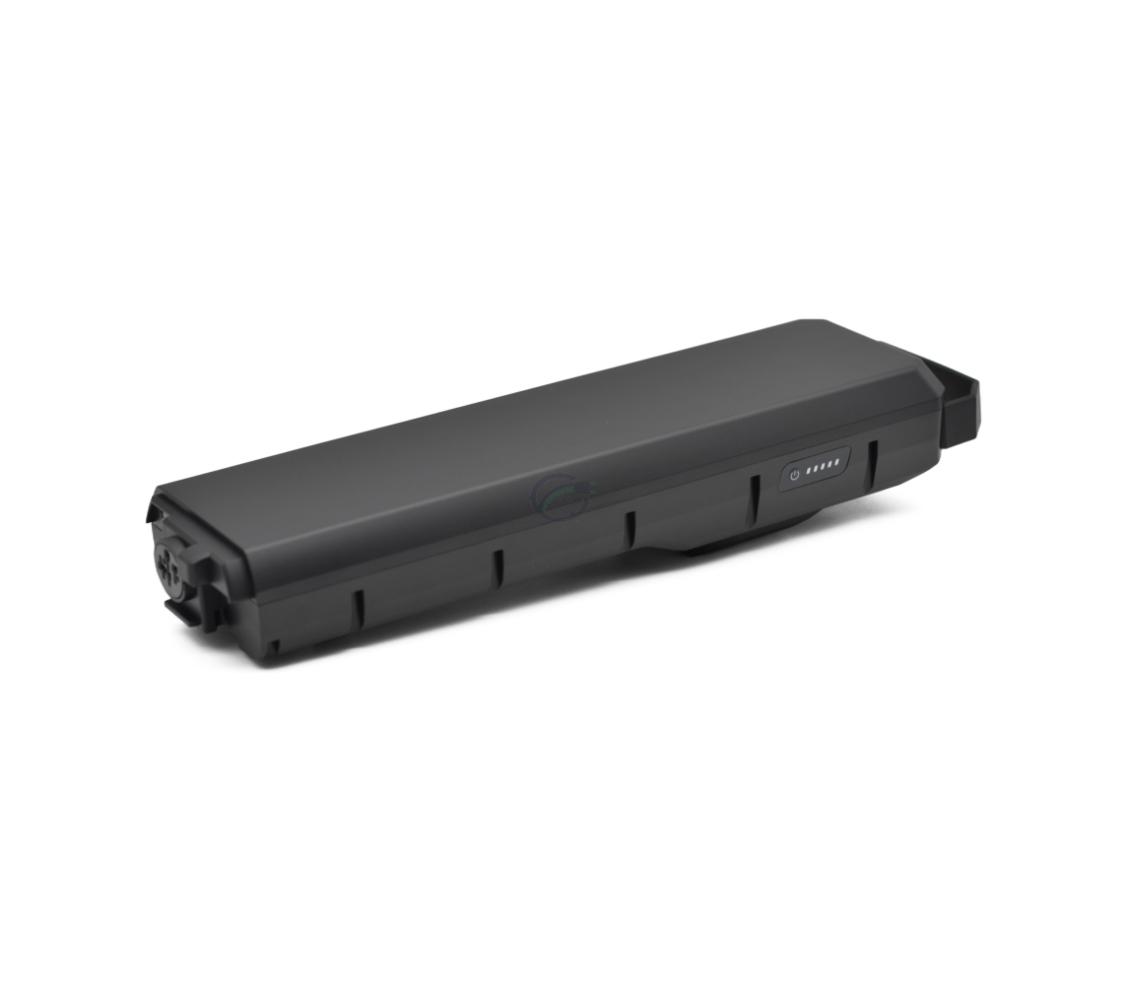 Vista lateral oblicua de la batería de bicicleta Bosch Powerpack 700 Performance/Active portaequipajes E-Bike Vision. El lado de la batería con el indicador de batería es bien visible.