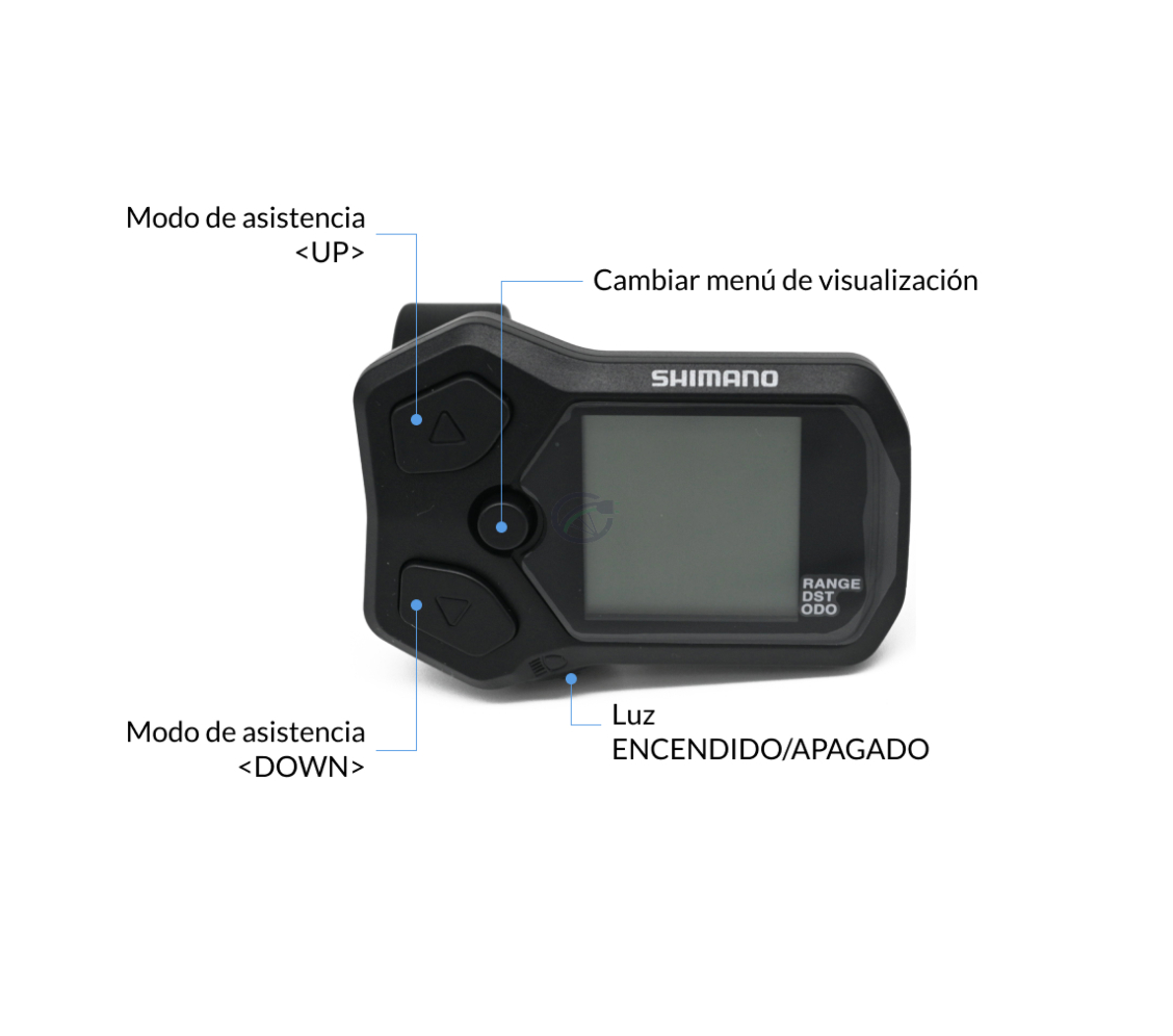 Explicación de los botones del ciclocomputador Shimano Steps display SC-E5000. Se indica claramente la función de cada botón.