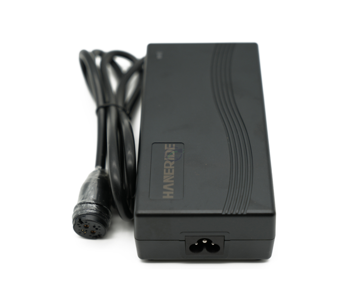 Vista frontal del cargador compatible Gazelle Impulse 42V 3A con conector Rosenberger sin adaptador.
