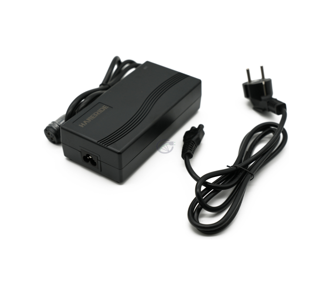Vista tres cuartos del cargador compatible Gazelle Impulse 42V 3A con conector Rosenberger. La foto está tomada desde un ángulo alto.