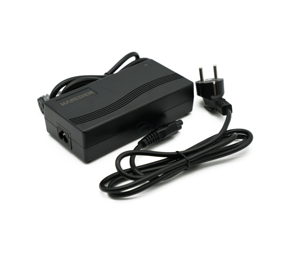 Vista tres cuartos del cargador compatible Gazelle Impulse 42V 3A con conector Rosenberger. El adaptador correspondiente es claramente visible.