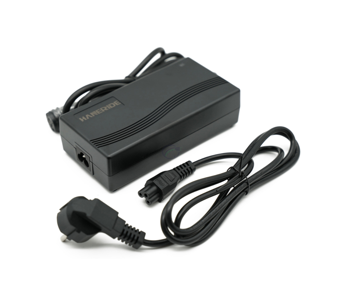 Vista tres cuartos del cargador compatible Gazelle Impulse 42V 3A con conector Rosenberger con adaptador.