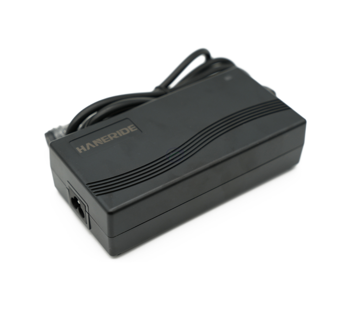 Vista tres cuartos del cargador compatible Gazelle Impulse 42V 3A con conector Rosenberger sin adaptador.