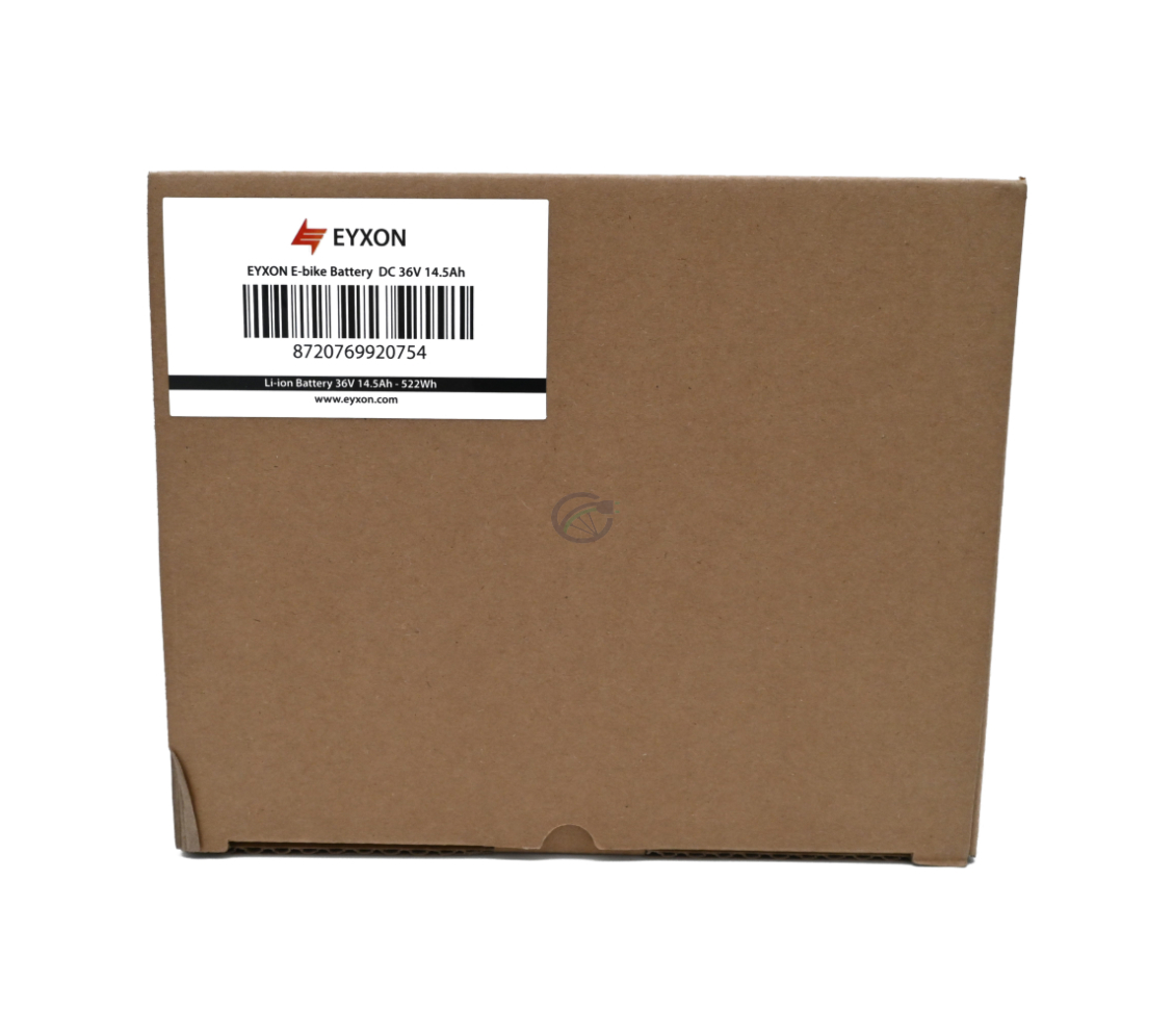 Vista frontal de la caja de la batería compatible Impulse 36V 14.5Ah producida por EYXON. La etiqueta en la caja es claramente visible.
