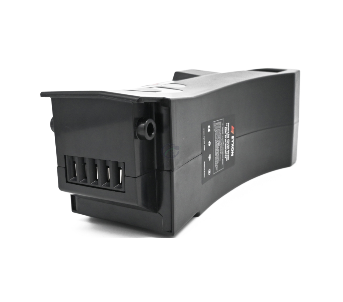 Imagen de la batería compatible Impulse 36V 14.5Ah producida por EYXON. La imagen está tomada desde un ángulo inclinado donde se muestra el conector de la bicicleta.