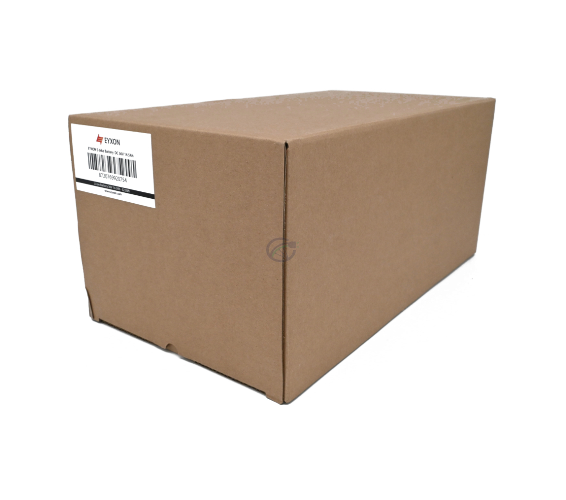 Vista inclinada de la caja completa de la batería compatible Impulse 36V 14.5Ah producida por EYXON.