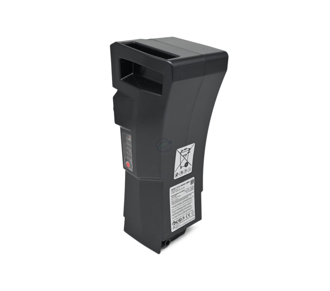 Foto de la batería Kalkhoff Impulse 36V 17Ah mostrada en posición vertical. El lado y la parte superior de la batería son visibles.

