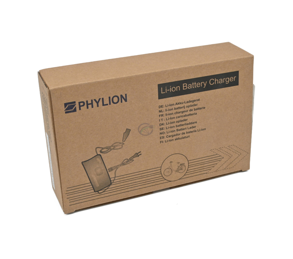 La caja del cargador Phylion 42V 2A de 2 pines.