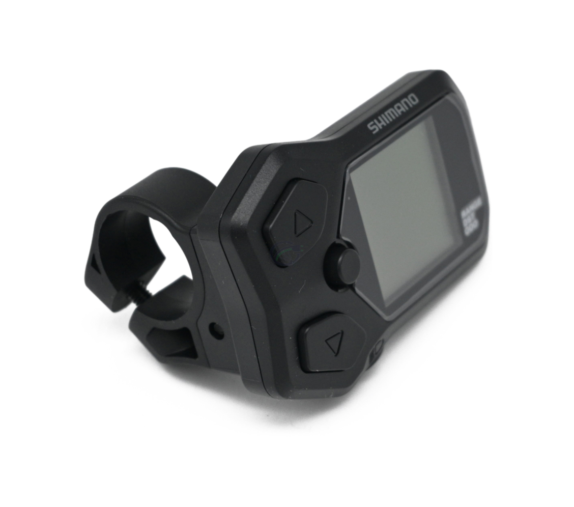 Vista de tres cuartos del ciclocomputador Shimano Steps display SC-E5000 desde un ángulo alto