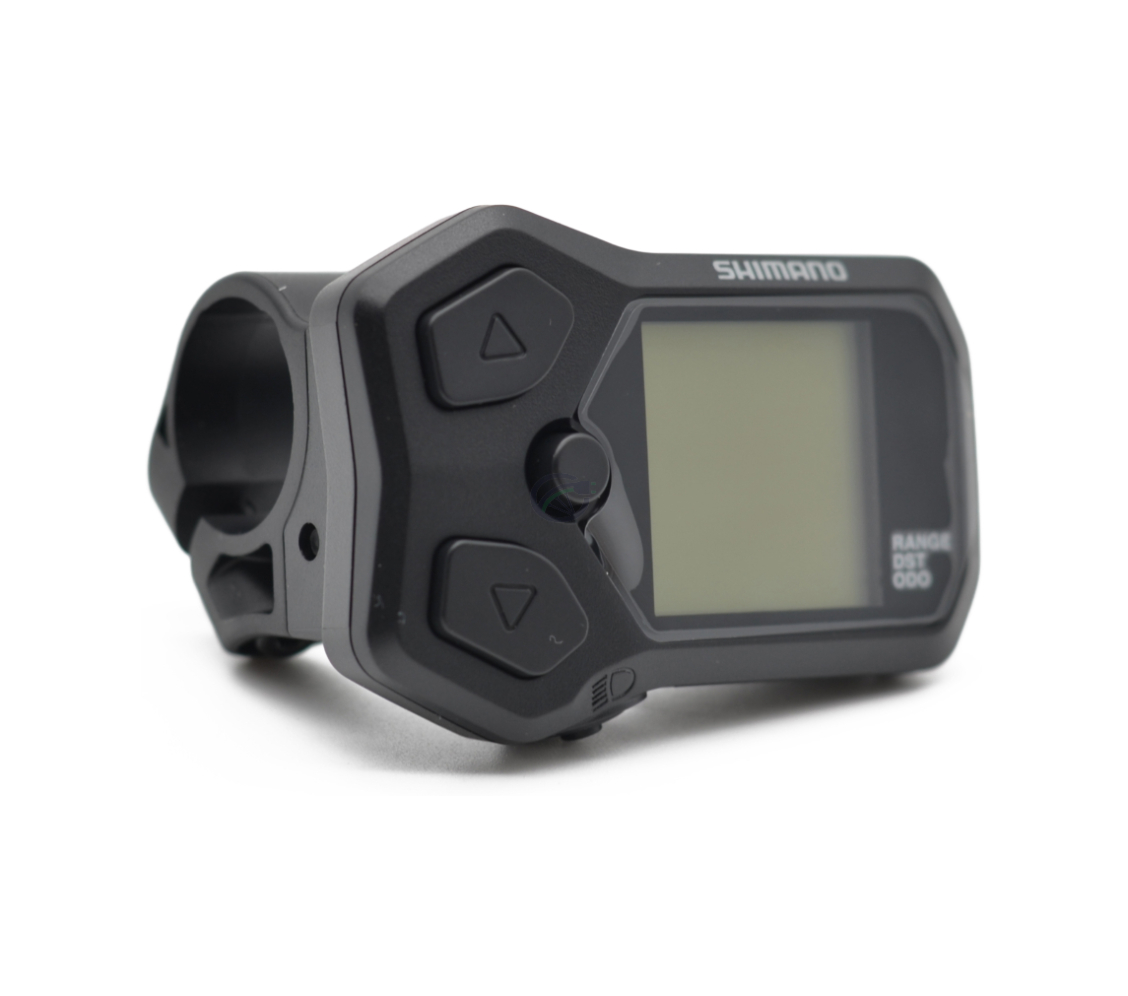 Vista de tres cuartos del ciclocomputador Shimano Steps display SC-E5000 desde un ángulo bajo
