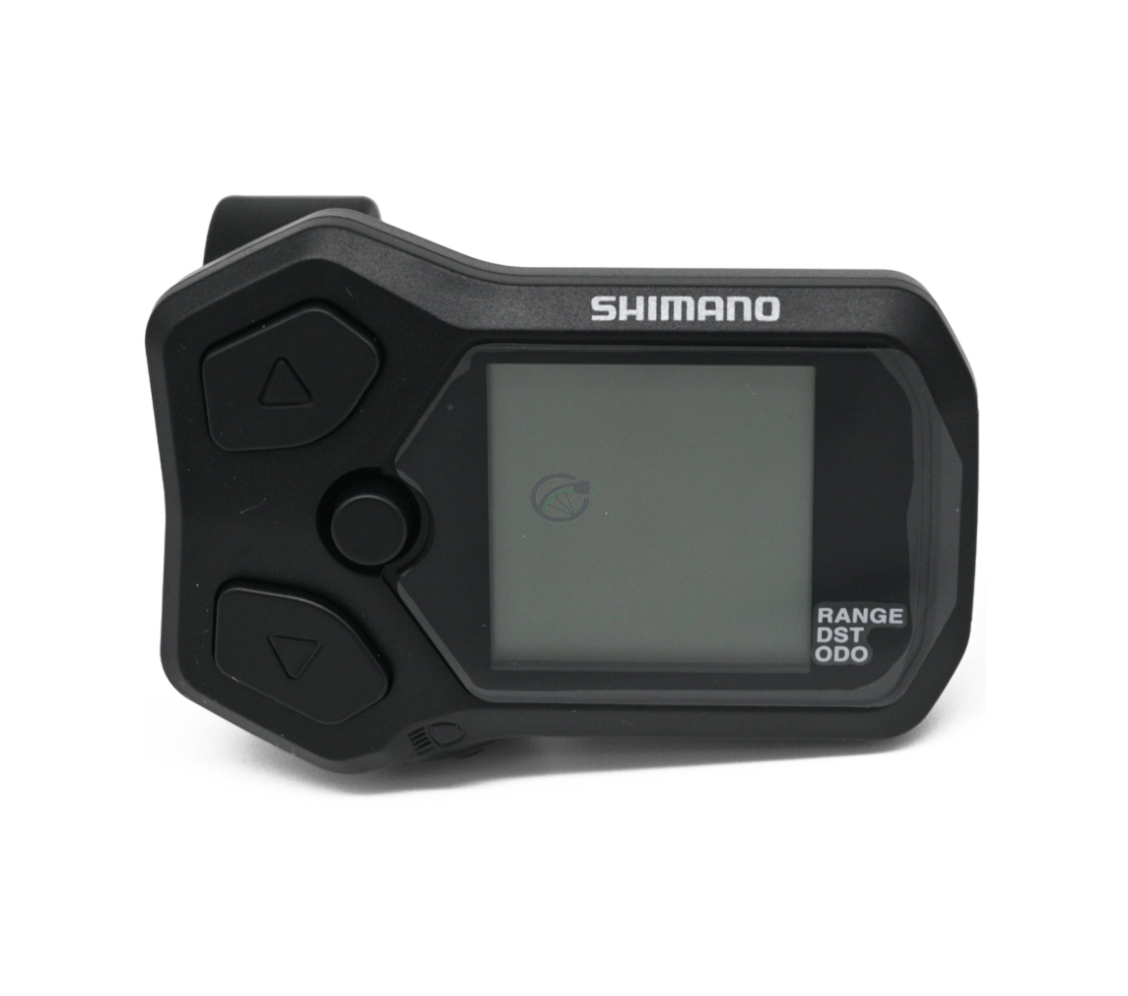 Vista frontal del ciclocomputador Shimano Steps display SC-E5000. Los botones son claramente visibles
