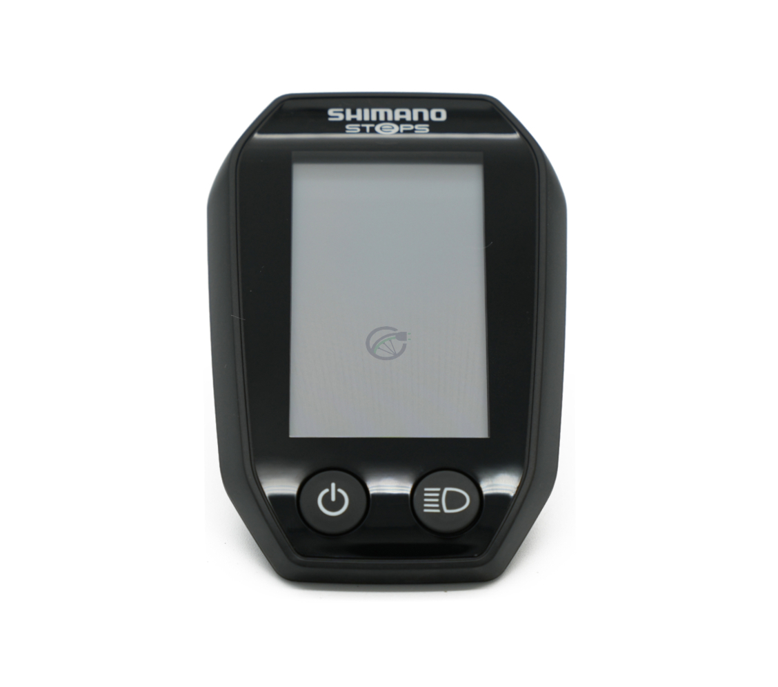 Vista frontal del Shimano Steps SC-E6010 con la pantalla y los botones claramente visibles.

