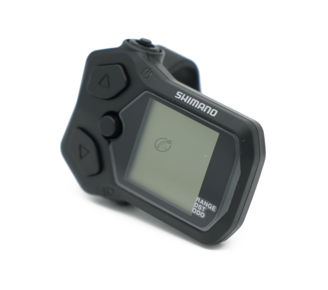 Vista en tres cuartos del Shimano Steps SC-EN500 con la pantalla claramente visible.