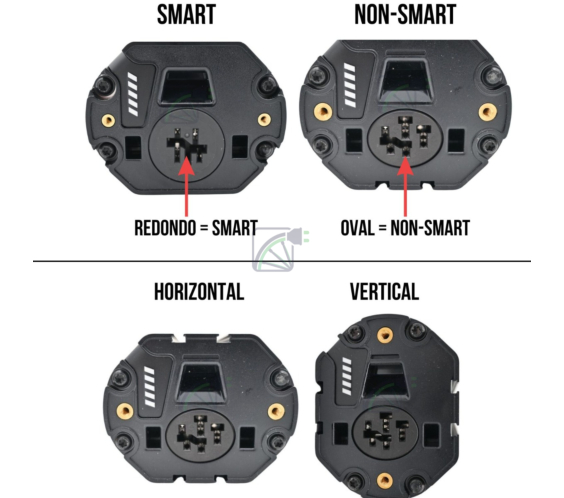 En esta imagen, puede ver cómo reconocer la diferencia entre un PowerTube SMART Bosch y un Powertube no SMART Bosch y puede ver cómo reconocer la diferencia entre un PowerTube vertical Bosch y un Powertube horizontal Bosch. En una batería Bosch SMART la c