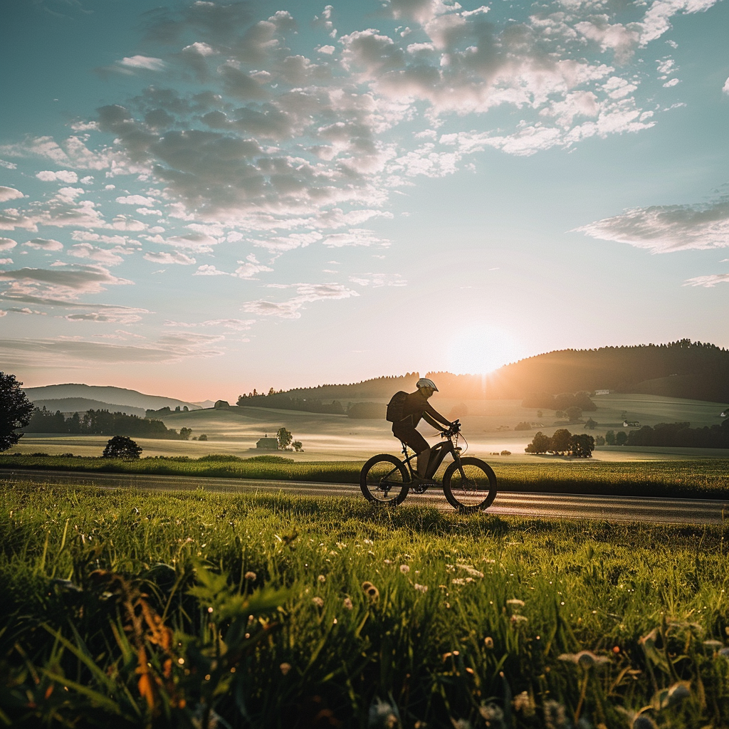 Esta imagen muestra a un hombre de vacaciones en bicicleta. Está pedaleando en una bicicleta de montaña a través de un paisaje montañoso con un sol bajo.