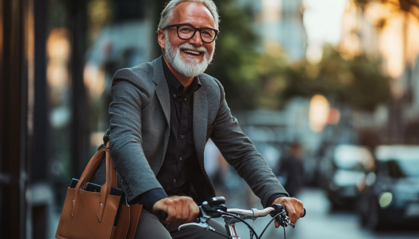 Oude zakenman  op de elektrische fiets