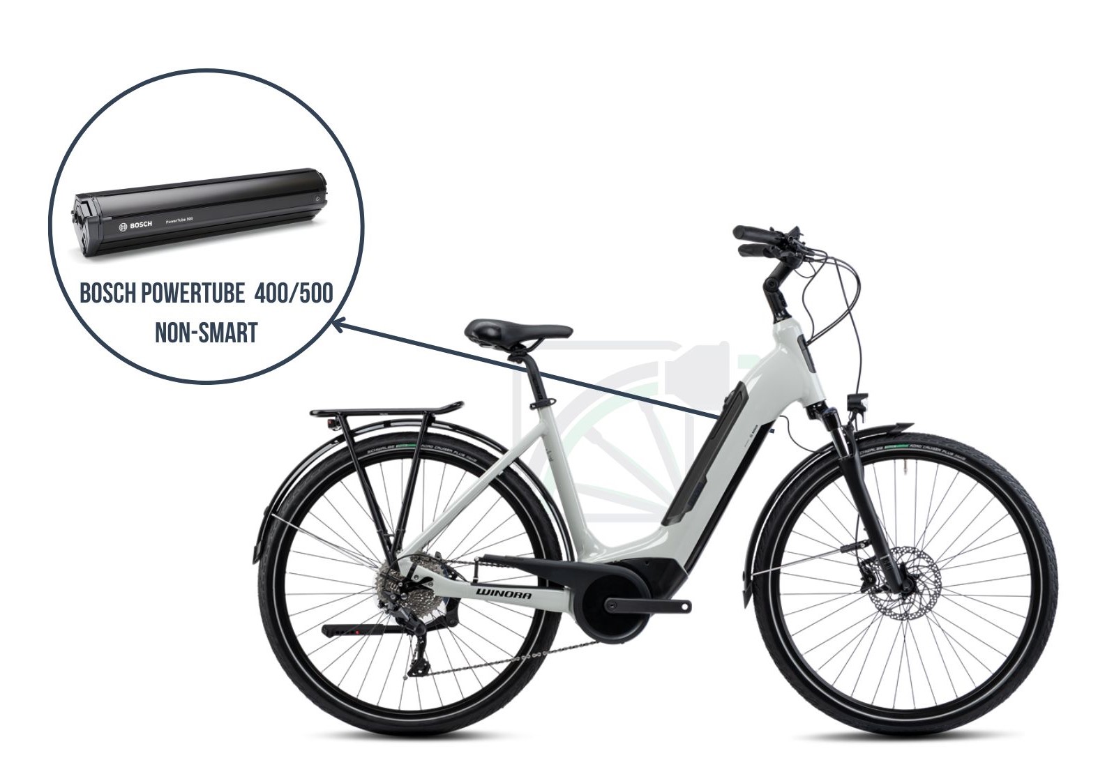  En esta imagen se muestra la Winora Sinus Tria 10. Aquí se destaca la batería que corresponde a esta bicicleta, a saber, la Bosch Powertube 400/500non-SMART