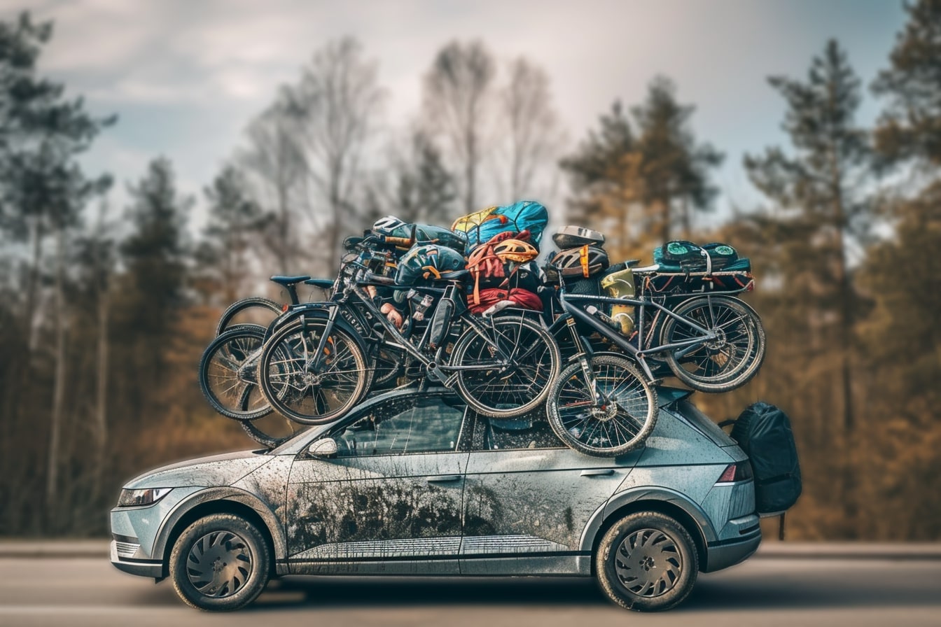 Esta imagen muestra de forma humorística varias bicicletas enganchadas encima de un coche.