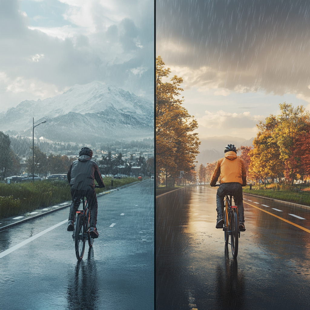 Fietser in verschillende weertypes en landschap